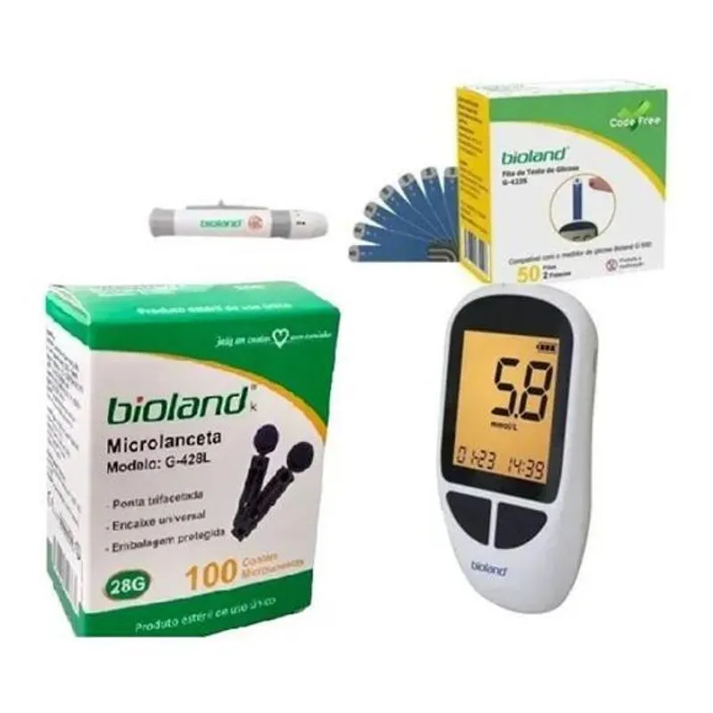 Kit Medidor Glicose Bioland + 50 Fitas 100 Lancetas + Caneta