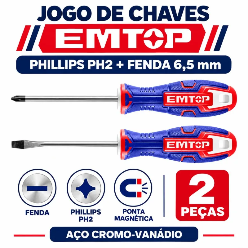 Jogo 2 Chaves Fenda e Phillips PH2 125mm com Imã Emtop