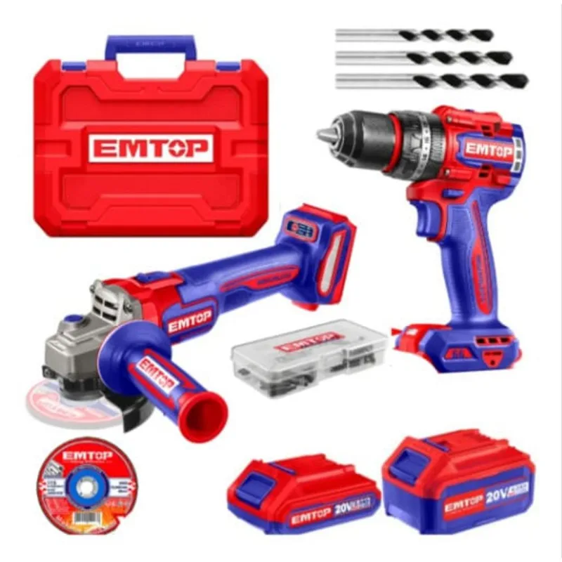Combo Taladro Percutor 13mm Amoladora 20v Emtop ECKL20273-4