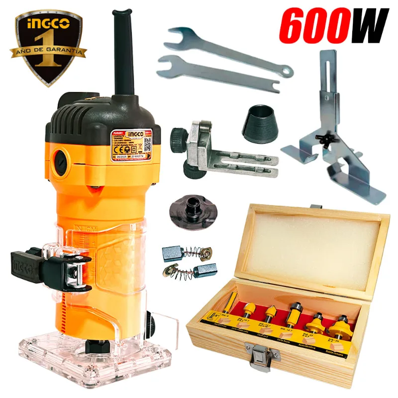 Ruteadora Fresadora Tupi de Mano 6mm y 6.35mm Ingco PLM6001 600W 34500rpm y 6 Fresas