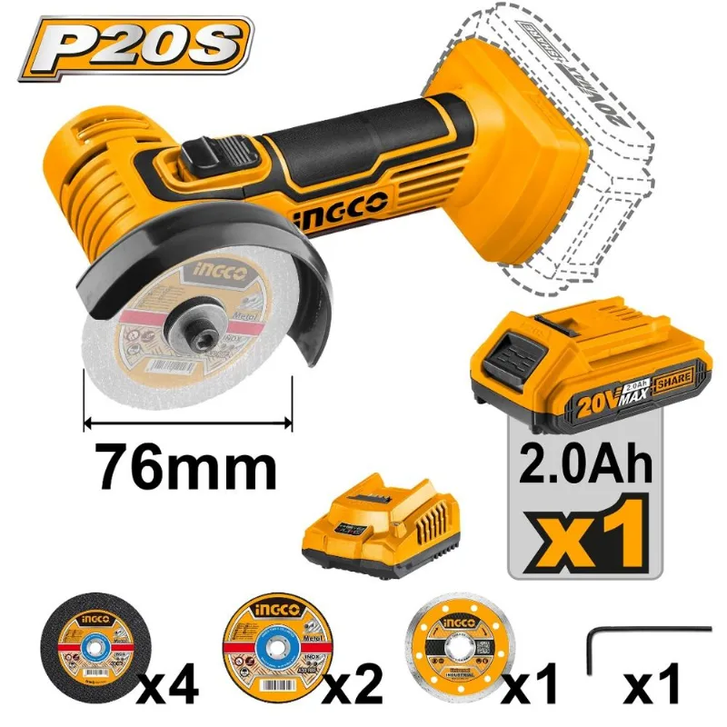 Mini Amoladora 3" (76mm) 20V + Batería + Cargador INGCO CAGLI76017