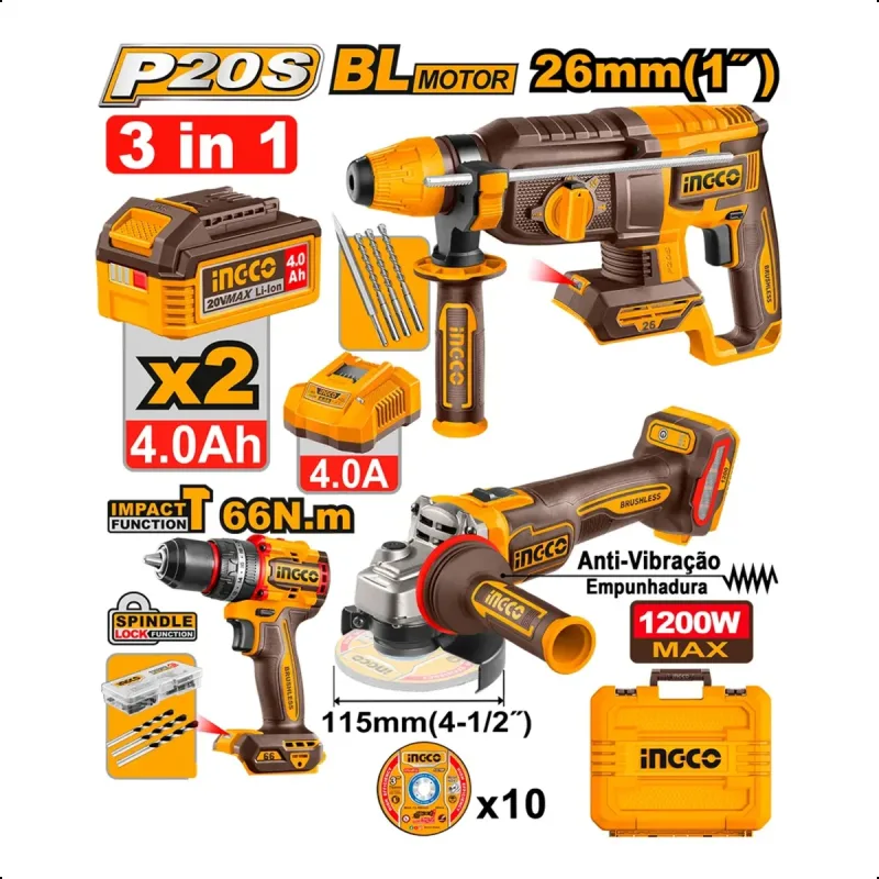 Kit Ingco CKLI202598-9 20V com Parafusadeira Chave de Impacto e Esmerilhadeira 2 Baterias e Carregador na Eletro Paulista