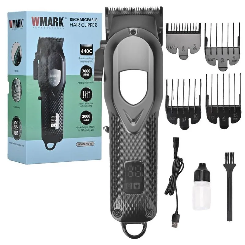 Máquina de Cortar Cabelo Wmark NG119 2000mAh Profissional Lâmina Cerâmica 440C Display LED USB Maquina De Cortar Cabelo Ng119 Profissional Wmark