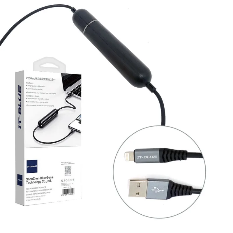 Cabo Usb Lighthing Para Iphone E Ipad Com Bateria Power Bank 2200mah 13712l It-blue
