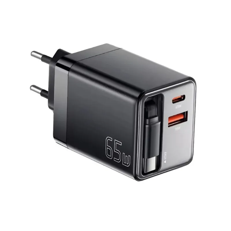 Carregador de Viagem Essager 65W GaN USB/USB-C Com Cabo Retrátil Preto