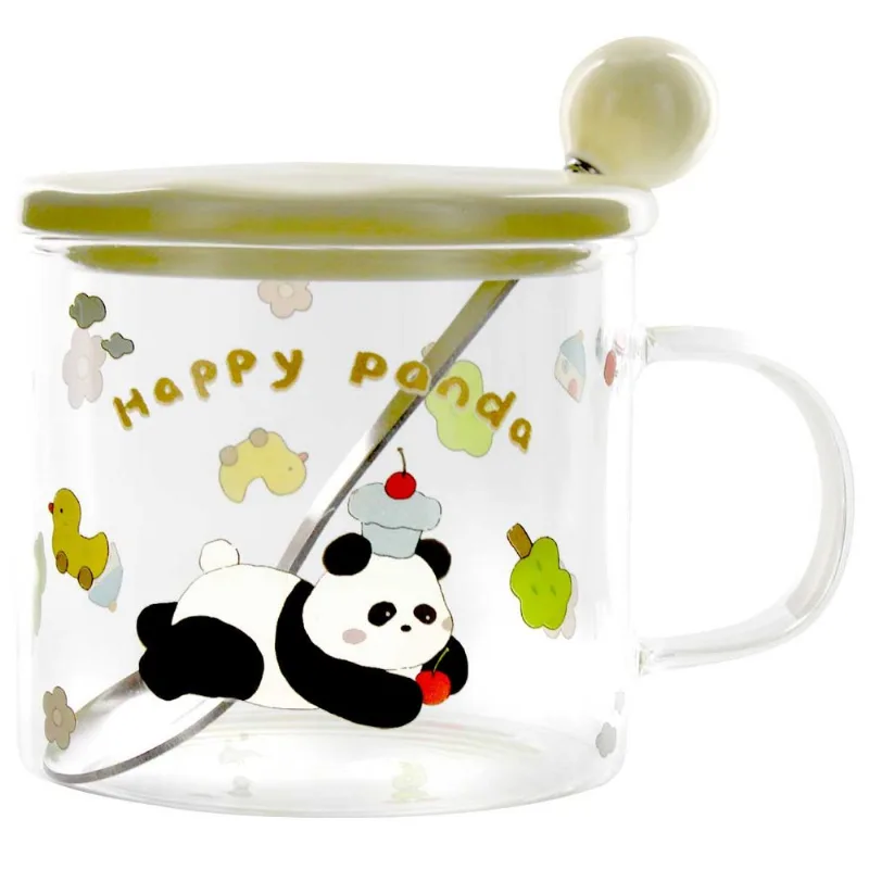Caneca Panda C/ Colher 350ml em Vidro Lila Cosméticos-Modelo 1A