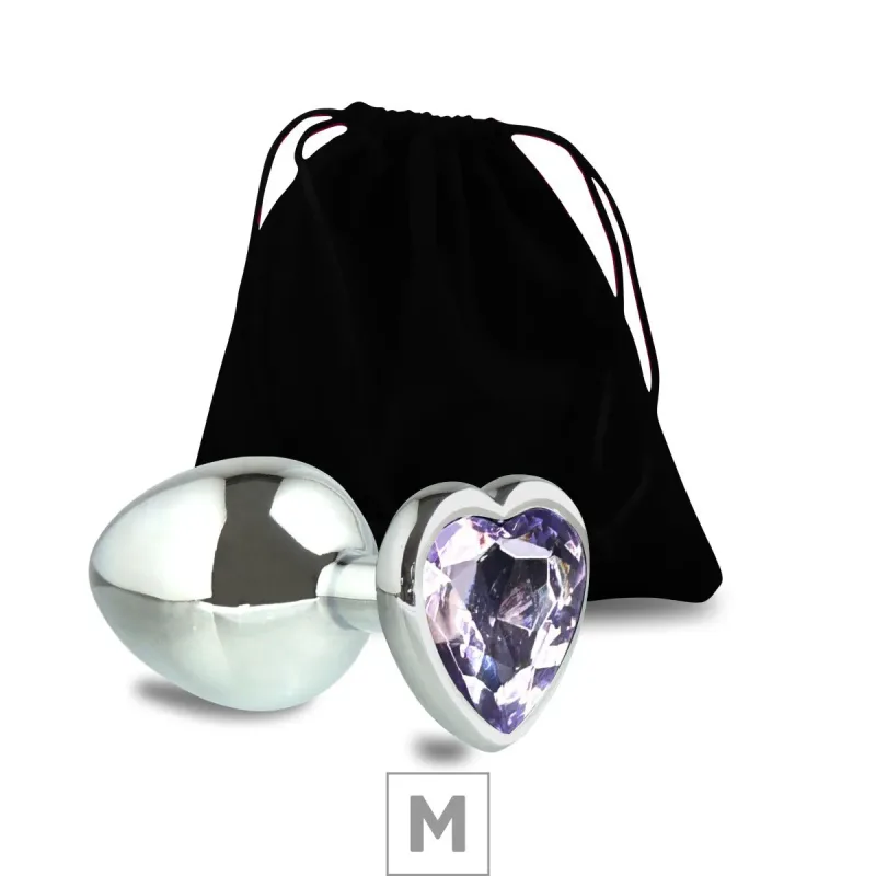 Plug de Metal M Com Pedra Lilas Formato de Coracao 7cm