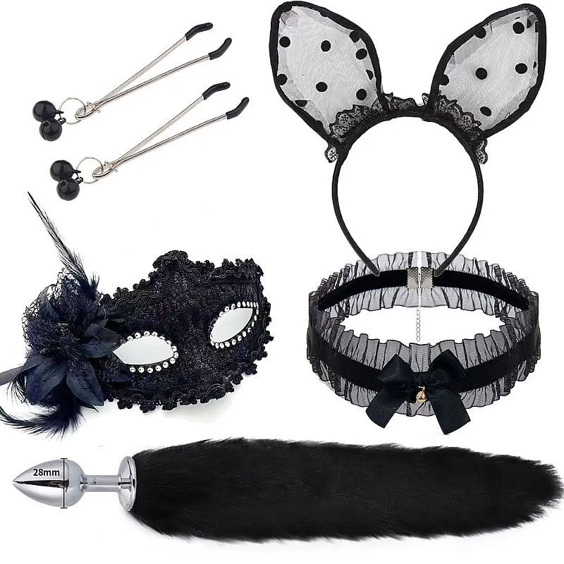 Fantasia KIT Rabo de Raposa com Tiara de Orelhas, Grampos Para os Seios em Metal e Gargantilha com Máscara 7342 (Preto)