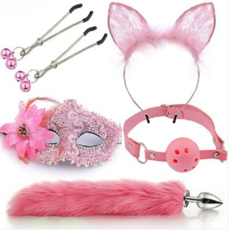 Fantasia KIT Rabo de Raposa com Tiara de Orelhas, Grampos Para os Seios em Metal e Gargantilha com Máscara - 7343 (Rosa)