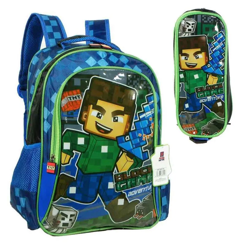 Kit Mochila Escolar Infantil Meninos Block Game + Estojo - G