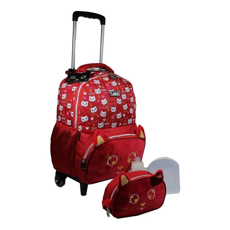 Kit Mochila Gatinho Infantil Feminina Rodinhas Estojo M4204