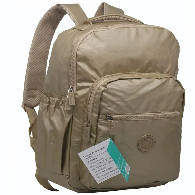Mochila Escolar Grande School Basics Nylon Bege Alça Regulável