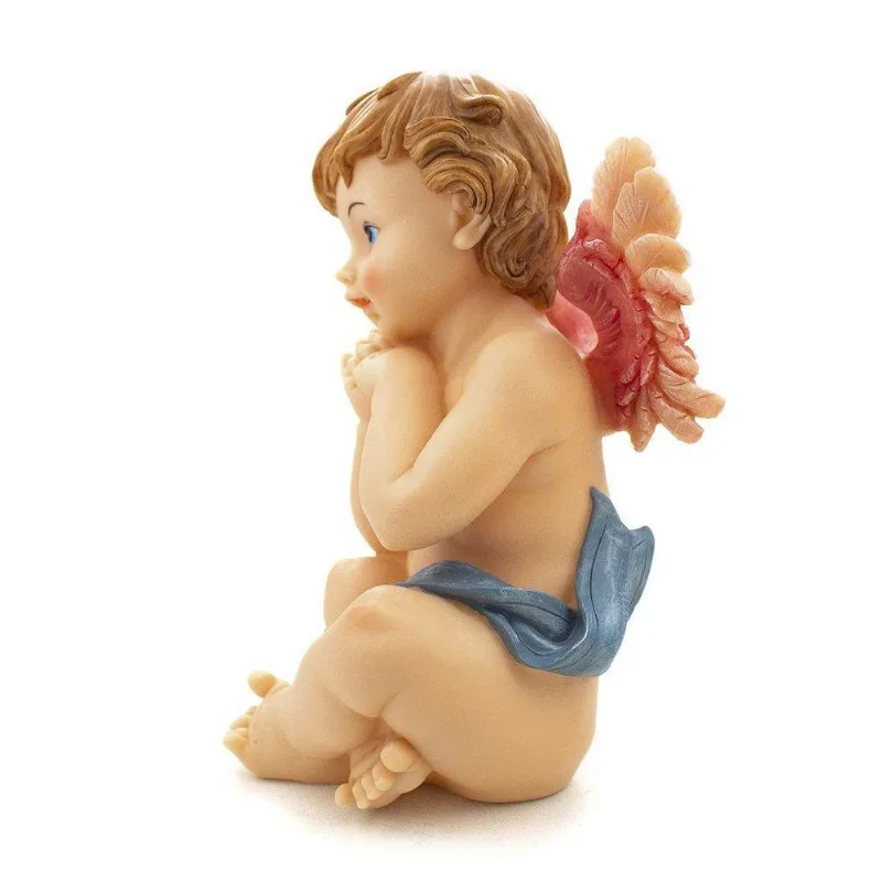 Imagem Anjo Da Guarda Sentado Azul Importado Resina 23 Cm
