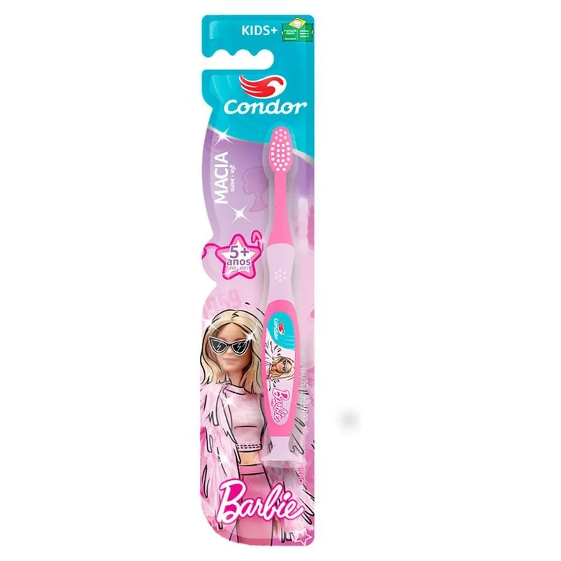 Escova Dental Macia Com Limpador De Língua E Ventosa Barbie Condor Kids+ Cabeça P