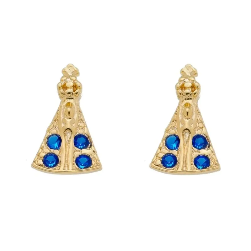 Brinco Feminino Pequeno Nossa Senhora Aparecida Azul Folheada Ouro