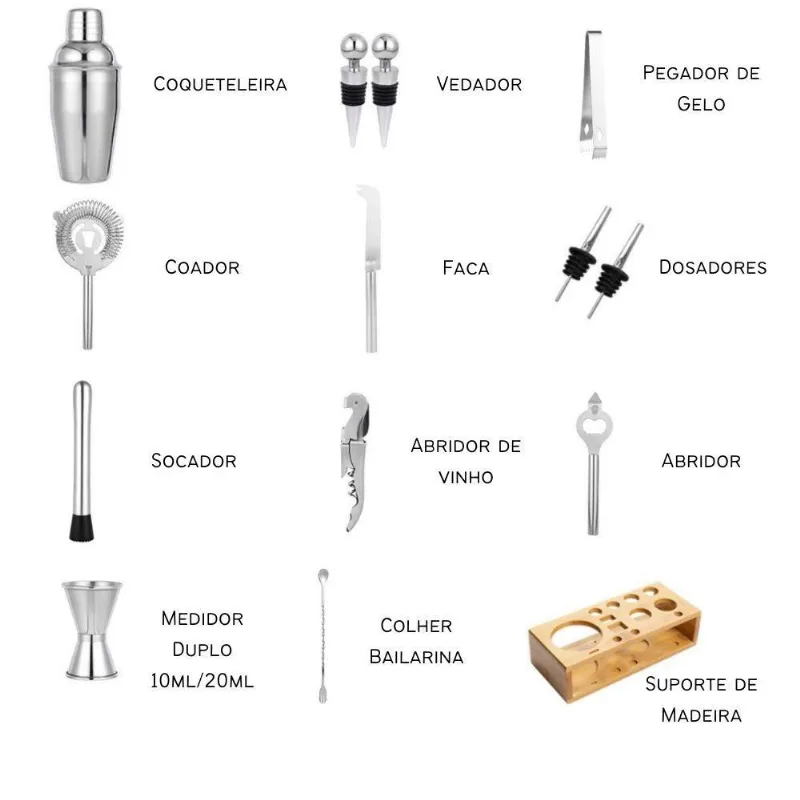 Kit Bar Coqueteleira Em Inox Completo Barman Suporte Madeira