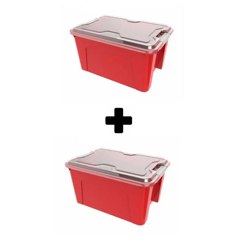 Kit 2 Caixa Organizadora 20 Litros Vermelho C/ Tampa E Trava Usual