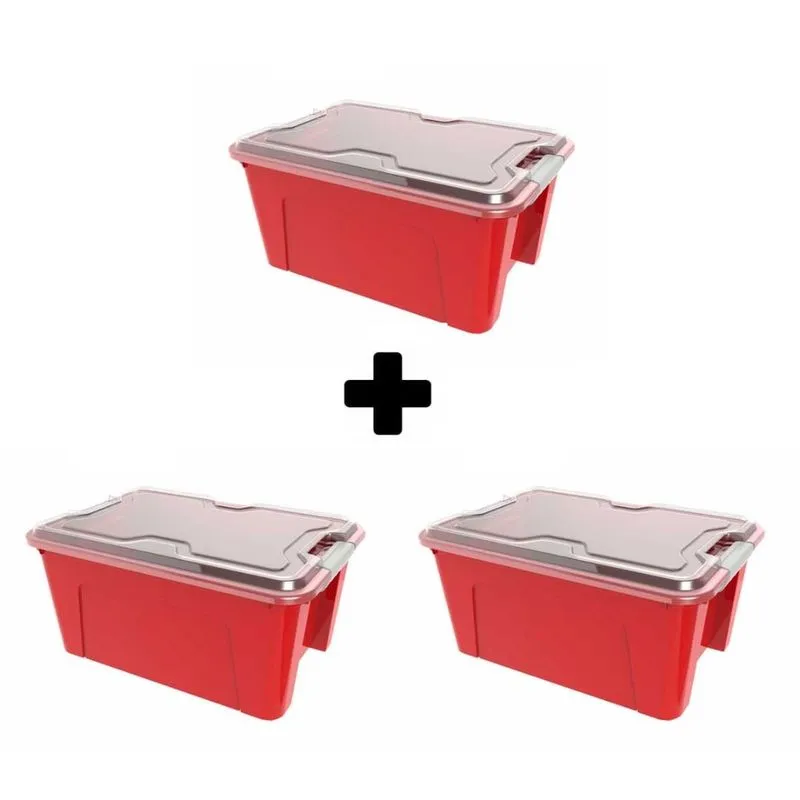 Kit 3 Caixa Organizadora 20 Litros Vermelho C/ Tampa E Trava Usual