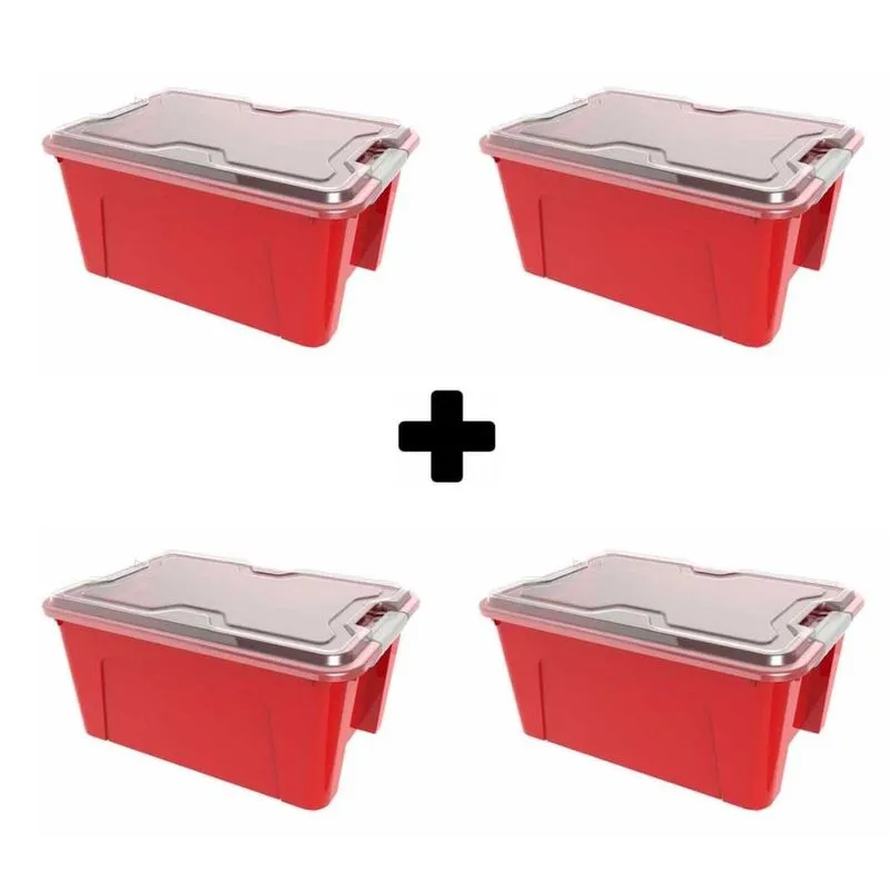 Kit 4 Caixa Organizadora 20 Litros Vermelho C/ Tampa E Trava Usual
