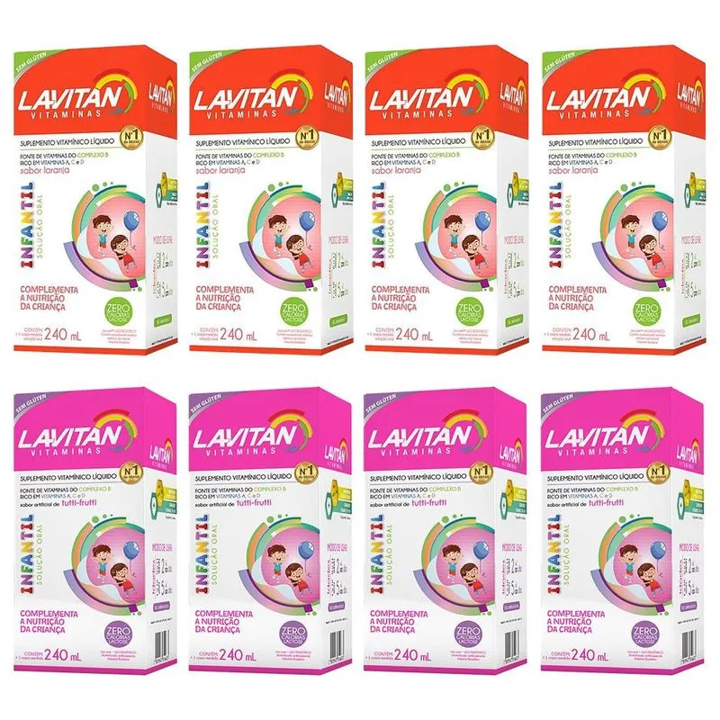 Kit lavitan infantil (4x sabor tutti frutti + 4x laranja) suplemento rico em vitaminas 240ml cada