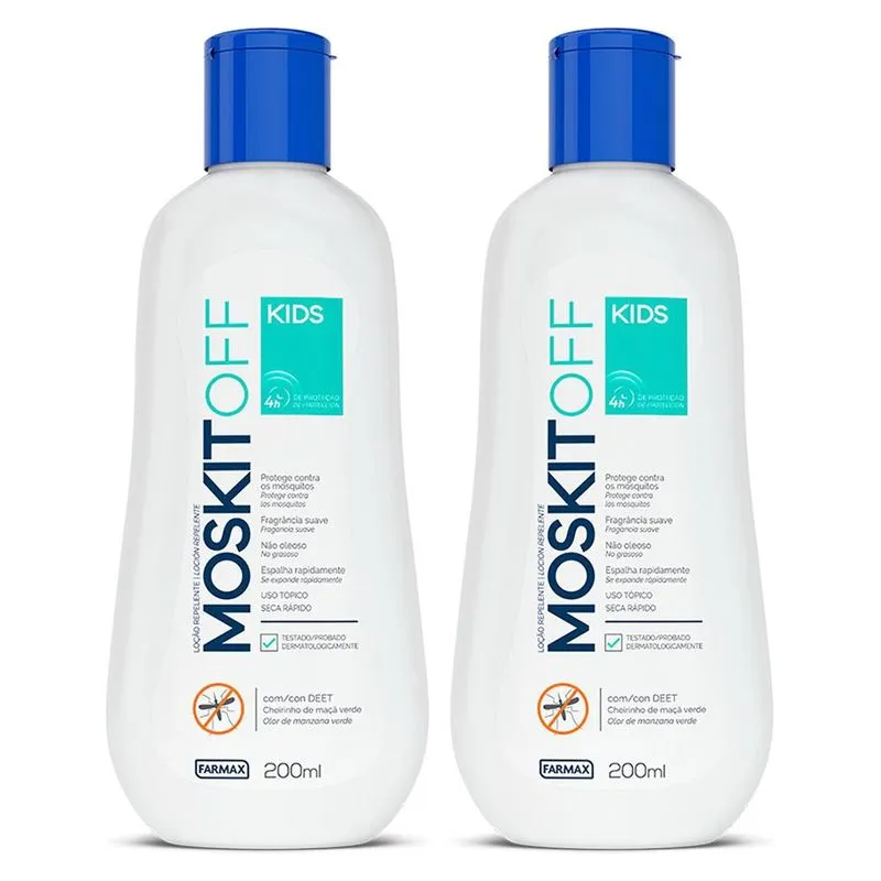 Repelente infantil cheiro maçã verde afasta mosquito da dengue pernilongos moskitoff loção 2x200ml