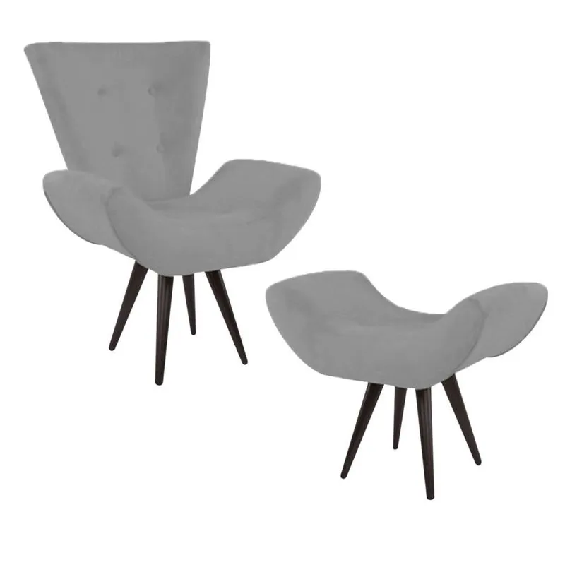 Kit Poltrona Decorativa com Puff Bella Pés Madeira Suede Cinza