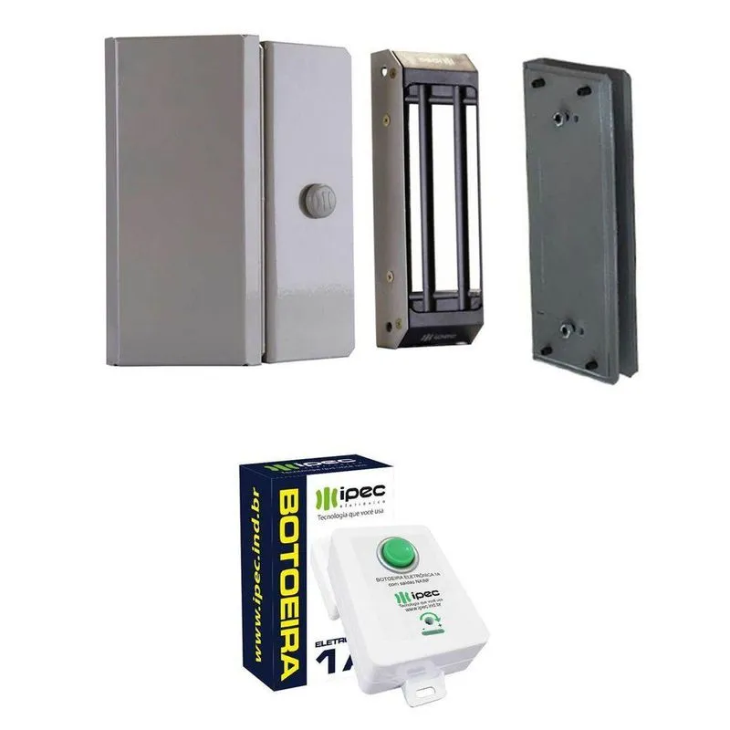 Kit Fechadura Magnética M150 Porta Vidro Com Botoeira Eletrônica Cor Cinza