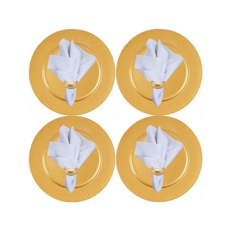 Kit Sousplat Dourado Liso, Guardanapo Tecido E Anel 12 Peças