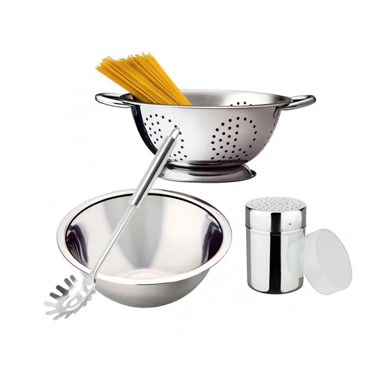 Kit para Massa Inox Prime 4 Peças Escorredor, Bowl, Saleiro e Colher
