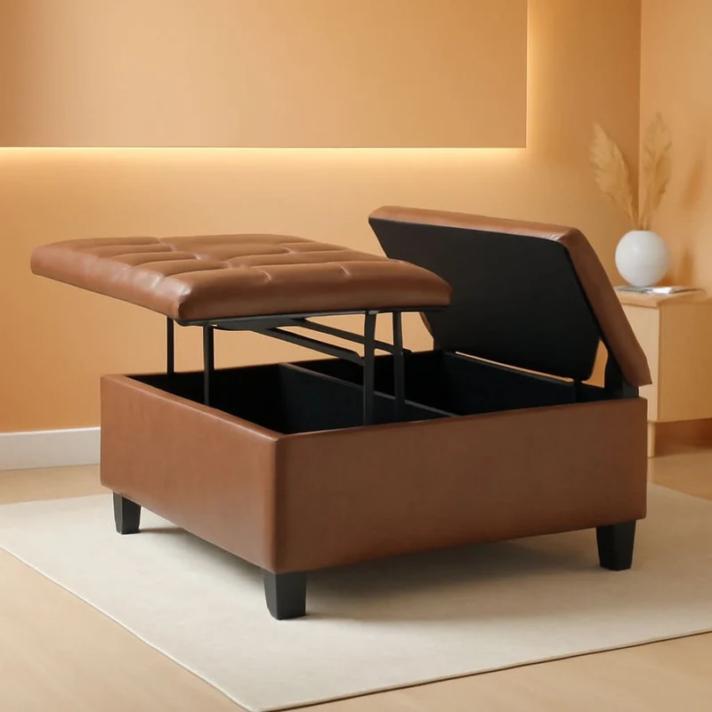 Distressed Umber 36 Inch Storage Ottoman Vegan Faux Leather Distressed Umber Brown / 36 Inch Faux Leather Ottoman