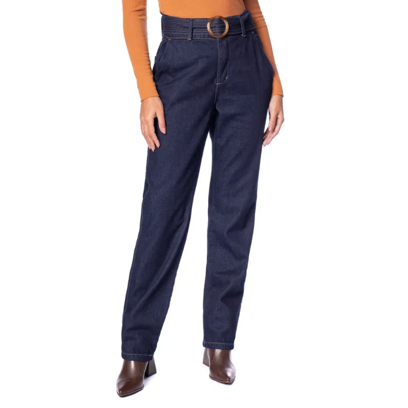 Calça Jeans Feminina Bless Denim Reta Cinto Azul Escuro - 44