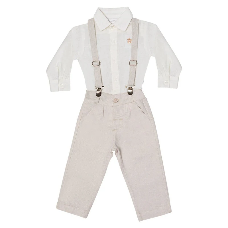 CONJUNTO BODY CAMISA MANGA LONGA CALÇA E SUSPENSÓRIO MENINO BARBARA KIDS Bege / 9-12M