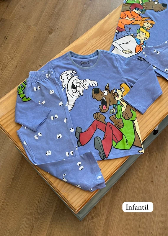 CONJUNTO PIJAMA MANGA LONGA E CURTA COM SHORT E CALÇA SCOOBY-DOO MÃE E FILHA VEGGI AZUL CLARO / XG ADULTO