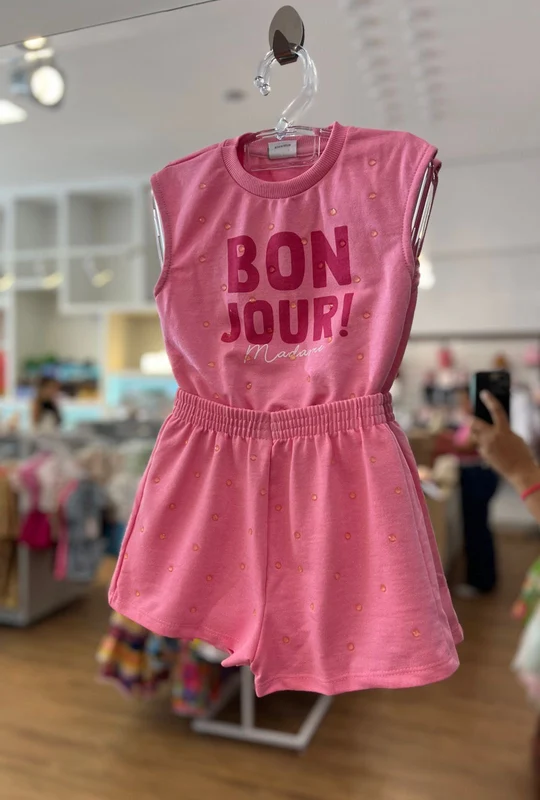 CONJUNTO BLUSA MANGA CURTA E SHORT BONJOUR MADAME COM STRASS MENINA FAKINI 2PRO50 Rosa / 4