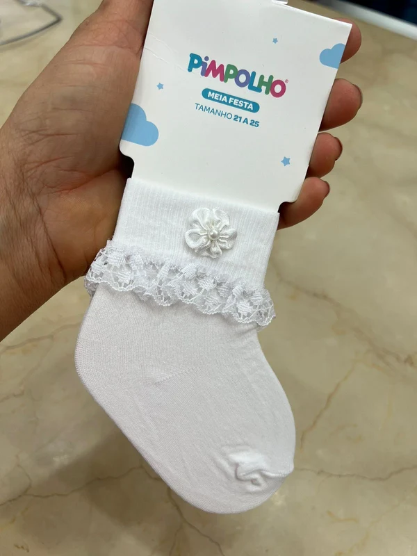 MEIA INFANTIL FESTA COM RENDA NOS PUNHOS FLOR GRANDE BRANCA PÉROLA MENINA PIMPOLHO Branco / 00/15