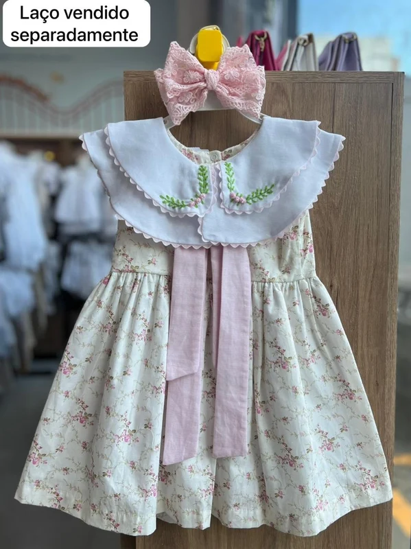 VESTIDO REGATA GOLA DUPLA COM LAÇO TULIPAS E FLORES MENINA LUI BAMBINI CREME / 2