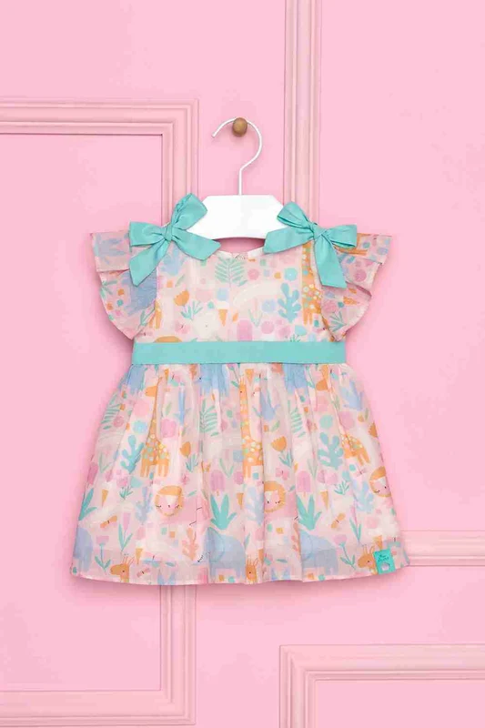 VESTIDO MANGA CURTA LAÇO OMBRO SAFARI ANIMAL MENINA MON SUCRÉ Rosa Bebê / 6-9M