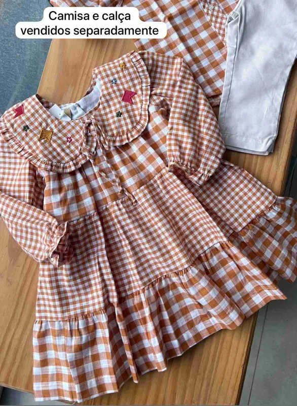 Vestido Junino Manga Longa Xadrez Bordado Bandeiras Menina Bárbara Kids MARROM/BRANCO / 3