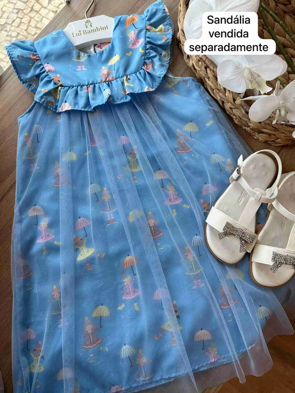 VESTIDO MANGA CURTA BABADO TULE GAROTAS NA CHUVA MENINA MON SUCRÉ AZUL CLARO / 14