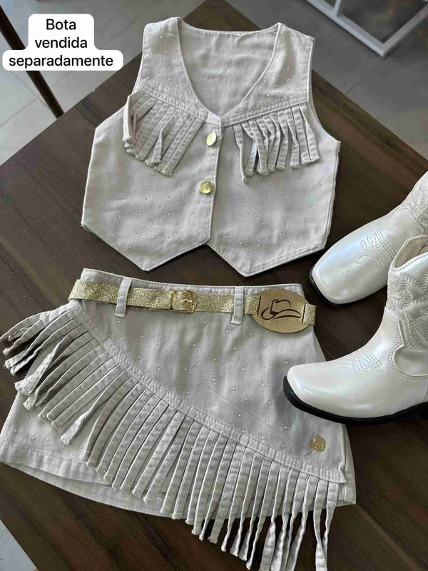 CONJUNTO BOIADEIRA COLETE BLUSA MANGA CURTA E SAIA COM STRASS MENINA LUI BAMBINI CINZA CLARO / 10