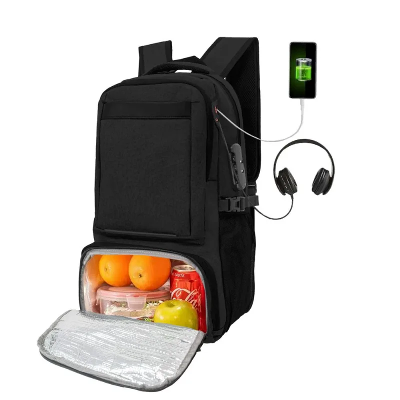 Mochila Porta Noteebok Con Candado + Bolsillo Antirrobo + Bolsillo Termico De Viaje EB101 Negro