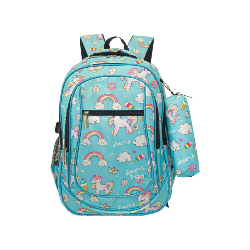 Mochila Escolar Con Cartuchera Nena Niña T-Go Multiples Bolsillos Reforzada Fantasy Creatures EB44 Rosa Mochila Escolar Con Cartuchera Nena Niña T-Go Multiples Bolsillos Reforzada Dream Sky EB44 Celeste