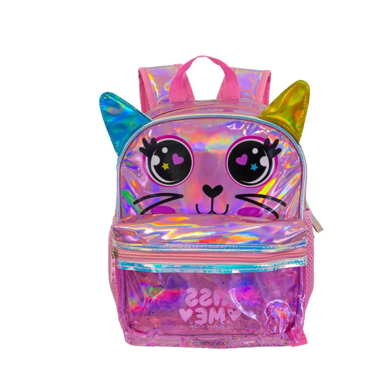 Mochila Para Jardin Infantil Reforzada Nena Diseños Holograficos Kawaii Gatito QD30 Rosa