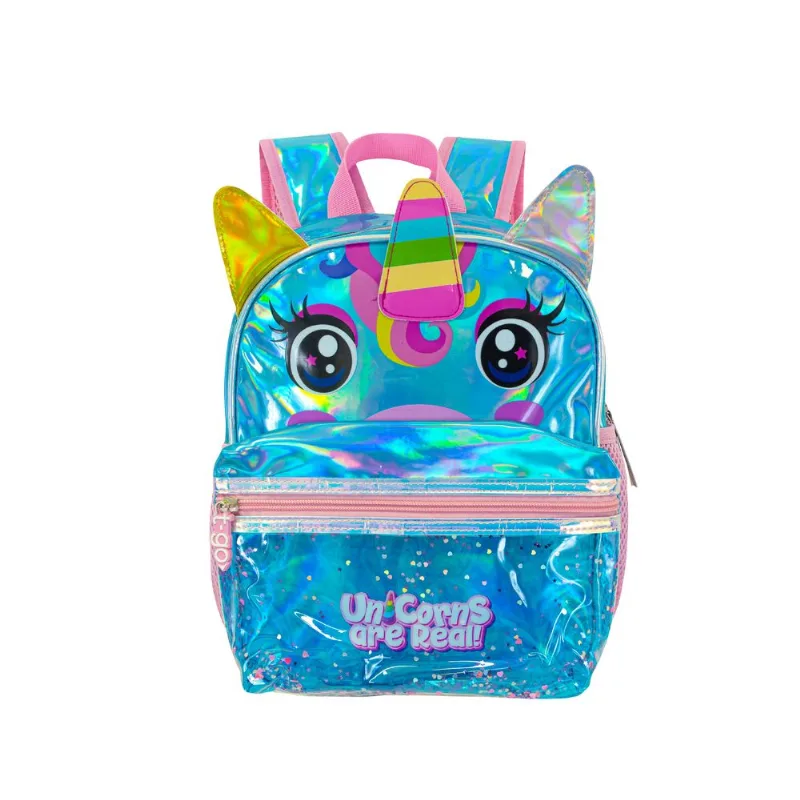 Mochila Para Jardin Infantil Reforzada Nena Diseños Holograficos Kawaii Unicornio QD32 Celeste