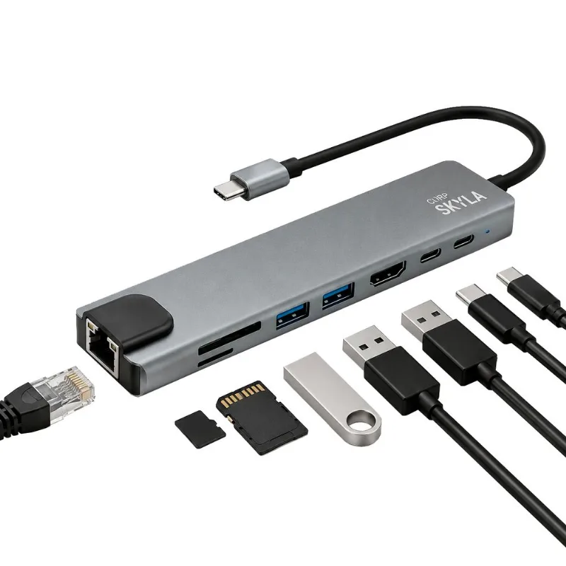 Adaptador Hub 8 En 1 - Corp Skyla (tipo C Hdmi Puerto Land Usb Compatible Con Mac Y Pc Sd) Color Gris