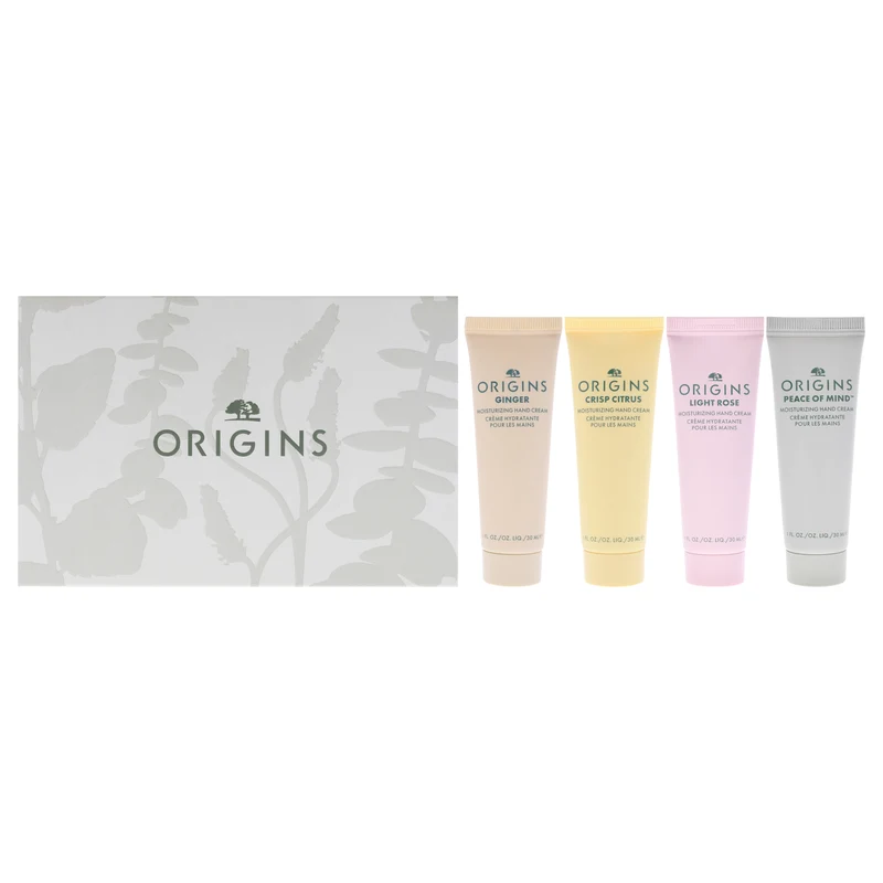 Origins Hand Cream Essentials Set by Origins for Unisex - 4 Pc 1oz Peace Of Mind Moisturizing Hand Cream, 1oz Crisp Citrus Moisturizing Hand Cream, 1oz Ginger Moisturizing Hand Cream, 1oz Light Rose Moisturizing Hand Cream 4 Pc