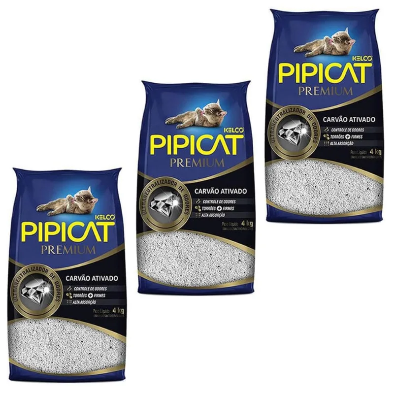 Areia Higiênica Pipicat Premium Carvão Ativado 4Kg Kit 3Un