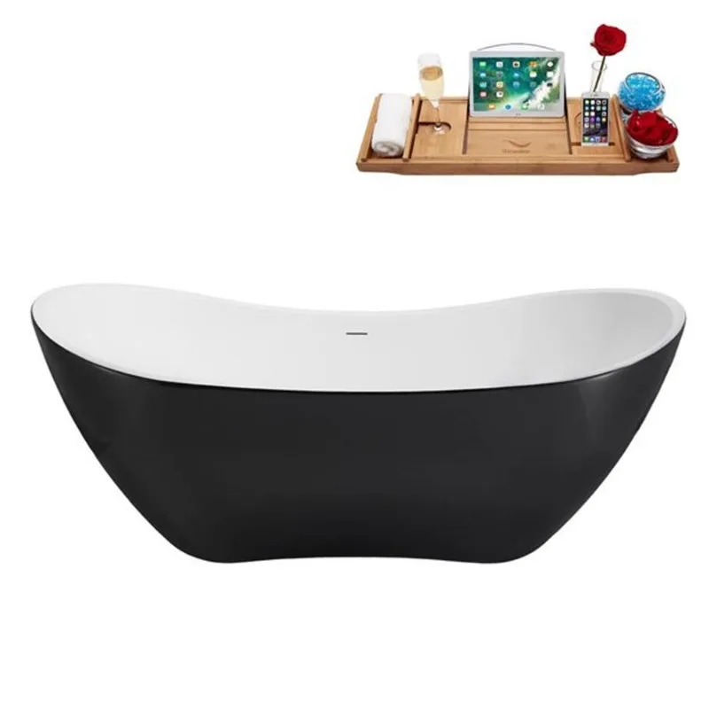 Streamline 71-in Glossy Black Freestanding Oval Bathtub and Tray w/ Brushed Brass Centre Pop-Up Drain - 66-gal.