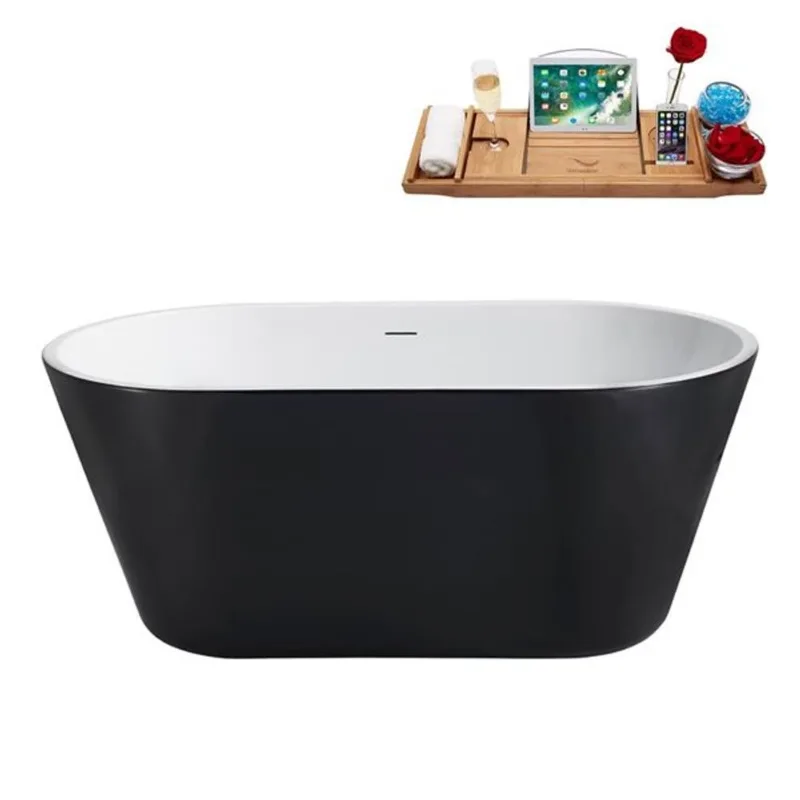 Streamline 54-in Glossy Black Freestanding Oval Bathtub and Tray w/ Brushed GunMetal Centre Pop-Up Drain - 50-gal.