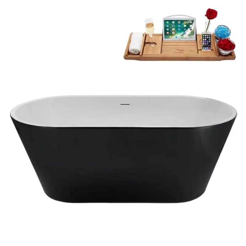 Streamline 59-in Glossy Black Freestanding Oval Bathtub and Tray w/ Brushed Nickel Centre Pop-Up Drain - 53-gal.